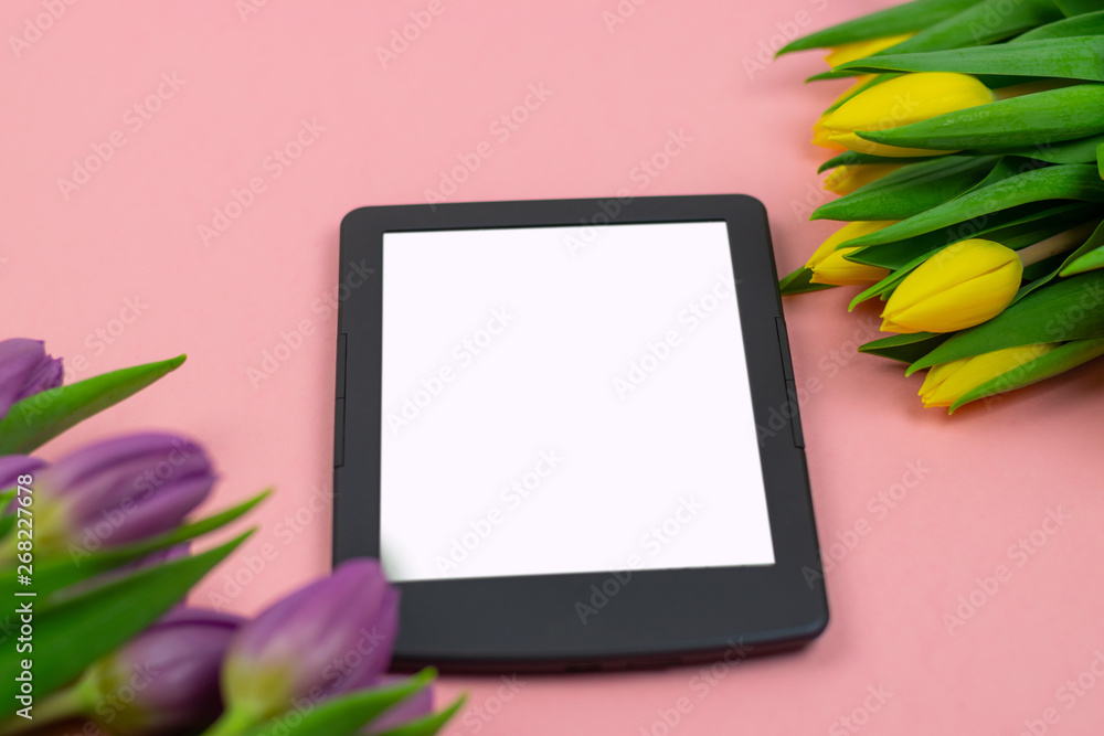 Workspace top view overhead above present advertising product on screen isolated Workspace top view overhead above present advertising product on screen isolated