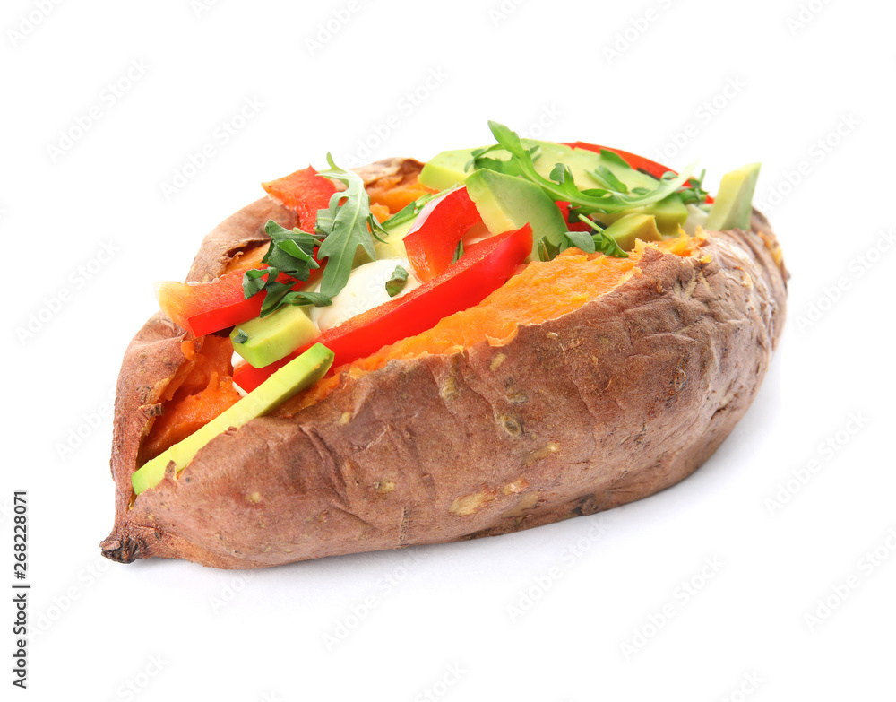 Delicious stuffed sweet potato on white background