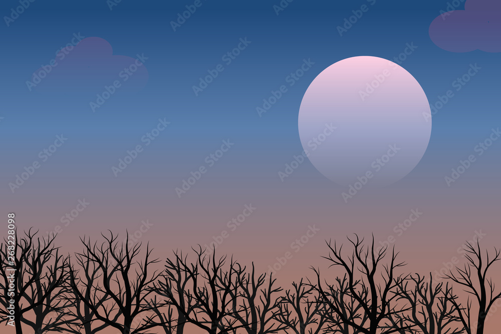 landscape twilight of moon with pink sky and tree dead.