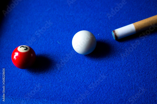 Pool billiard balls on blue table sport game set. Snooker, pool game