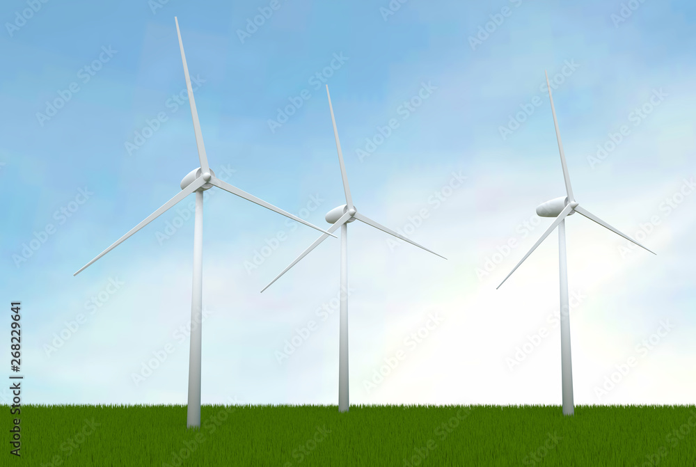 Fototapeta premium 3d illustration of green lane with three wind turbine, environmentally friendly energy production of electricity