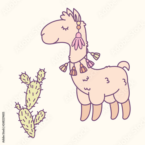 Llama and cactus cartoon illustration. Vector illustration