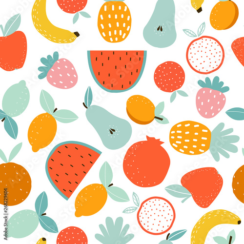 Seamless pattern with tropical fruits. perfect print for kitchen textiles. Vector hand drawn illustration.