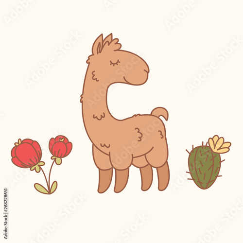 Llama, flower and cactus cartoon illustration. Vector illustration