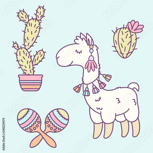 Llama, maracas and cacti cartoon illustration.