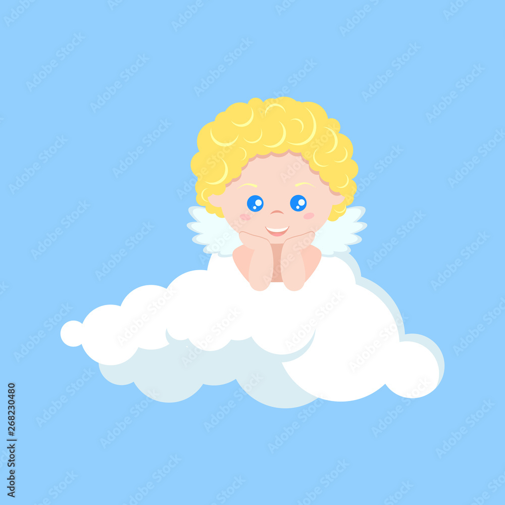 Vector isolated cute cupid boy dreaming on clouds in flat cartoon style. Cupid on blue background. Happy Valentine's Day. Element for graphic design. Cartoon character illustration. Vector isolated cute cupid boy dreaming on clouds in flat cartoon style. Cupid on blue background. Happy Valentine's Day. Element for graphic design. Cartoon character illustration.