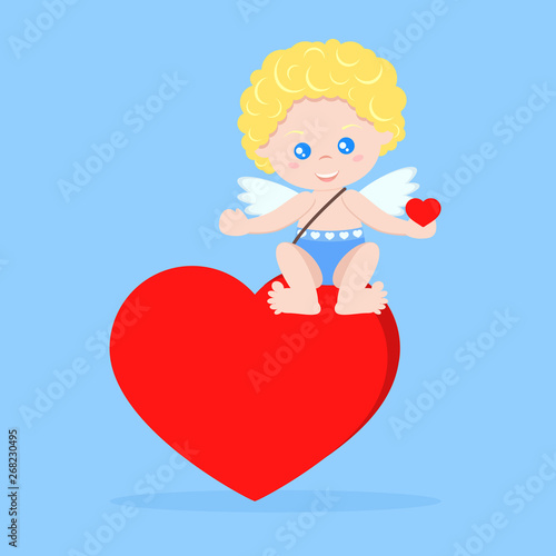 Vector isolated cute cupid boy in flat cartoon style. Cupid in sitting pose on heart with heart on hand. Happy Valentine's Day. Element for graphic design. Cartoon sweet character illustration. © Irina