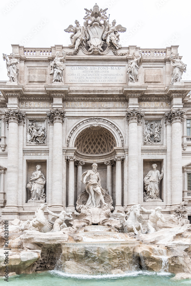 Trevi Fountain, Italian: Fontana di Trevi. Detailed view o central part with statue of Oceanus. Rome, Italy