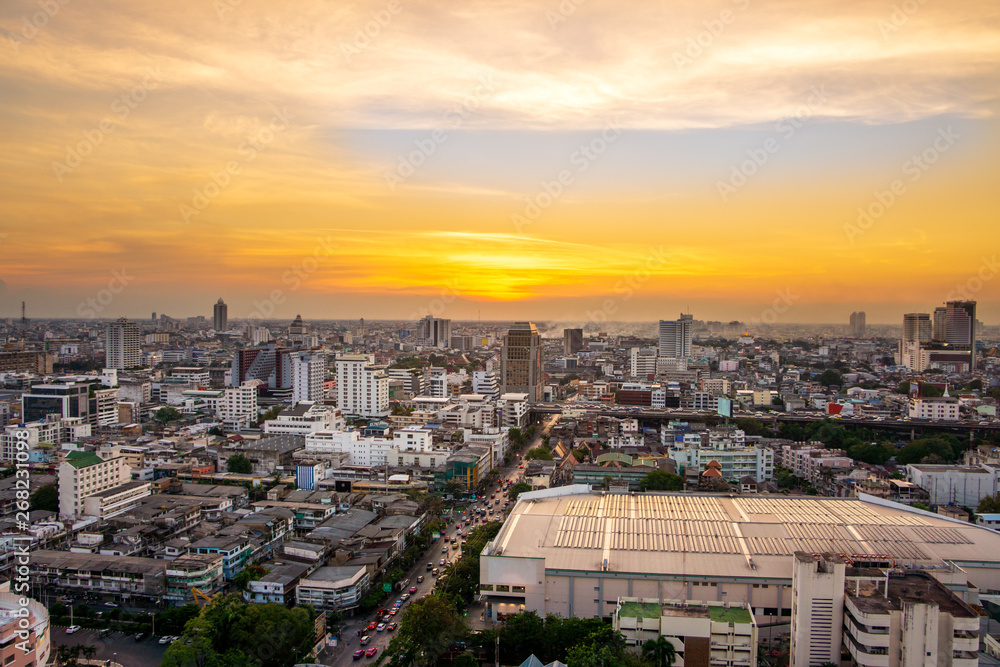 Downtown view on Bangkok cityscape from drone, capital of Thailand, sunset