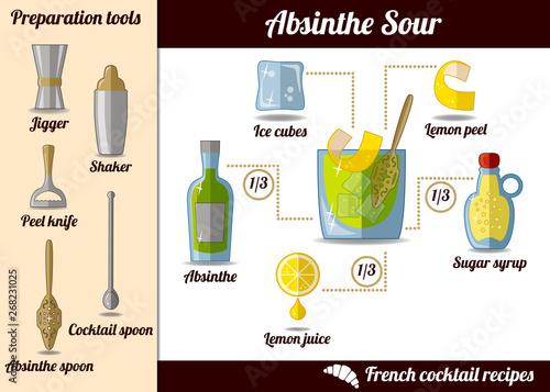 Absinthe Sour cocktail. Infographic set, recipe illustration