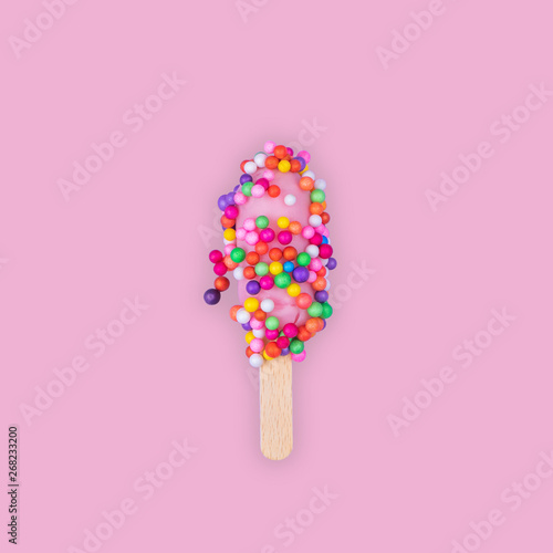 Colorful ice cream on a soft pink background. Squared summer concept image. Abstract