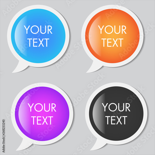 Set of Colorful Paper Speech Bubbles. Chat icon logo template. Transparent glossy glass speech bubble set. Symbol of conversation and communication. Emblem of business dialog. Sign of Internet talk.