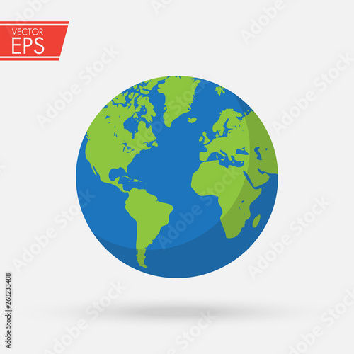 Flat planet Earth icon. Detailed colored world map. Global sphere planet symbol. Ecology concept. Vector illustration for web banner, web and mobile, infographics.