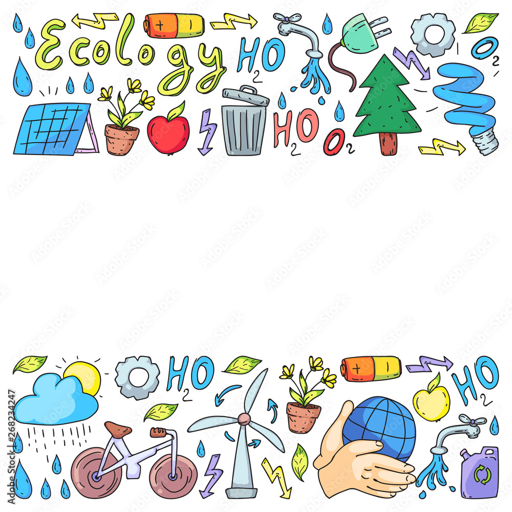 Vector logo, design and badge in trendy drawing style - zero waste concept, recycle and reuse, reduce - ecological lifestyle and sustainable developments icons.