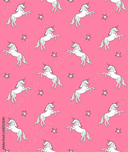 Vector seamless pattern of hand drawn doodle sketch unicorn and stars isolated on pastel pink background 