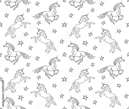 Vector seamless pattern of black hand drawn doodle sketch unicorn isolated on white background