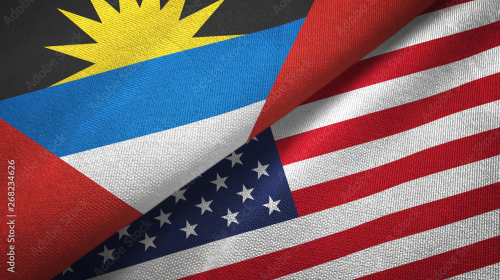 Antigua and Barbuda and United States two flags textile cloth, fabric texture Antigua and Barbuda and United States two flags textile cloth, fabric texture