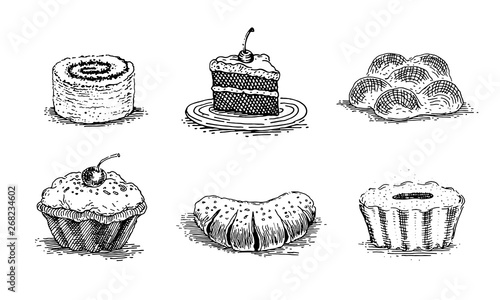 Pastries, cherry cake, vanilla buns, muffins, rolls with poppy seeds, bun with jam, a piece of cake on a saucer, vintage graphics. Vector set of images for packaging design, labels, menus