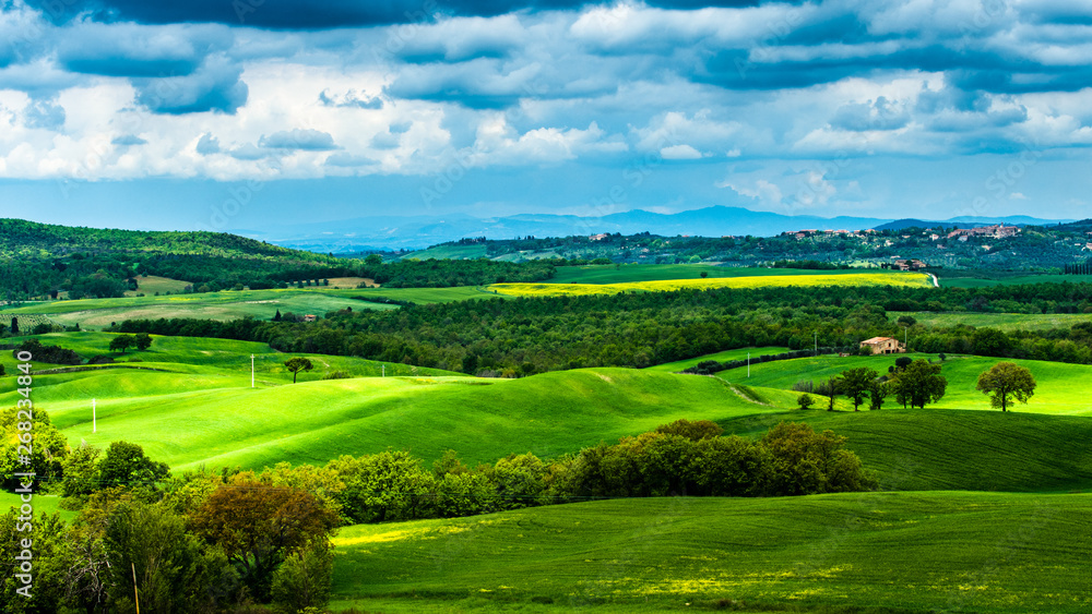 Tuscany spring, rolling hills and windmill on sunset. Rural landscape. Green fields. Italy, Europe