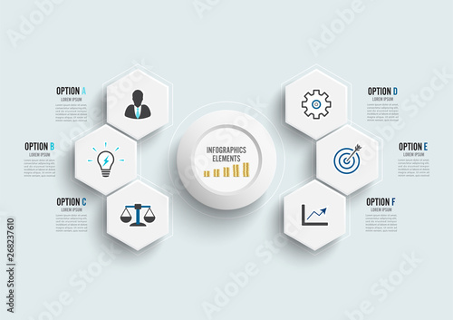 Vector infographic template with 3D paper label, integrated circles. Business concept with 6 options. For content, diagram, flowchart, steps, parts, timeline infographics, workflow, chart.