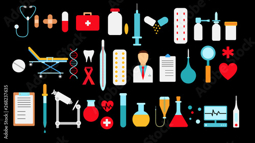 Medical pharmaceutical big set of medical items, equipment, icons on a black background: pills thermometers capsules flasks medications first aid kit heart microscope. Vector illustration