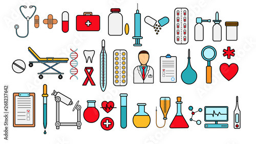 Medical pharmaceutical big set of medical items, equipment, items of icons on a white background: tablets thermometers capsules flasks medications first aid kit heart microscope. Vector illustration