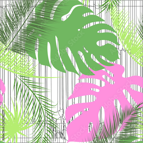 Tropical leaves seamless pattern. Summer palm jangle background.