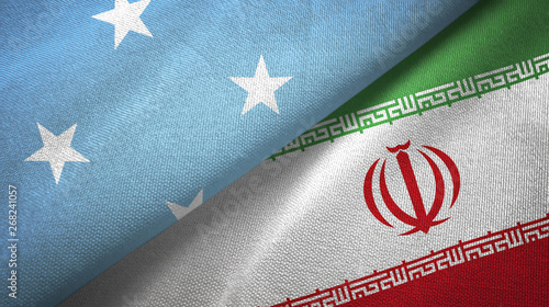 Micronesia and Iran two flags textile cloth, fabric texture