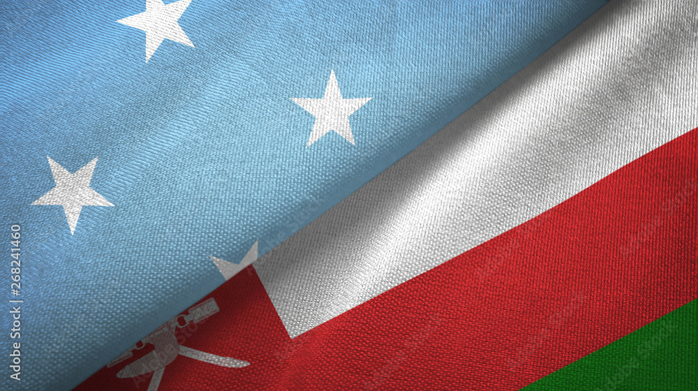 Micronesia and Oman two flags textile cloth, fabric texture Micronesia and Oman two flags textile cloth, fabric texture