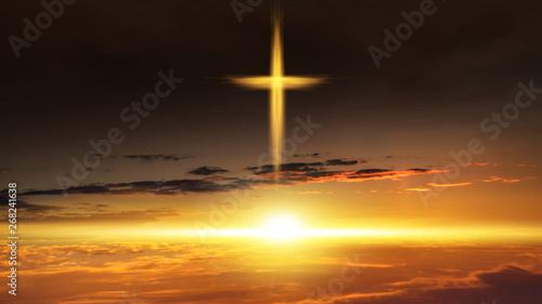 Fotografie Heavenly Cross Religion Symbol Shape Dramatic Nature Background Glowing Cross