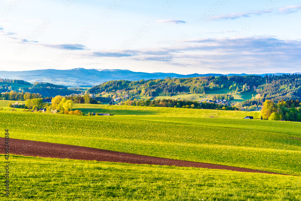 Green hilly landscape with Giant Mountains, Czech: Krkonose, on skyline, Czech Republic.