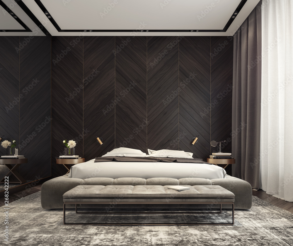 Modern interior design of bedroom 3D Rendering Stock Illustration