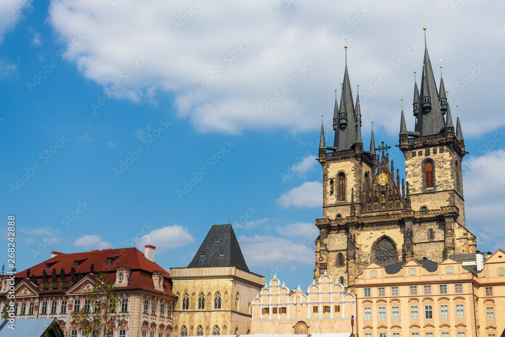 Outdoor exterior view of Church of Our Lady before Týn, Beautiful and famous baroque catholic church, located on old town square in Prague, Czech Republic.