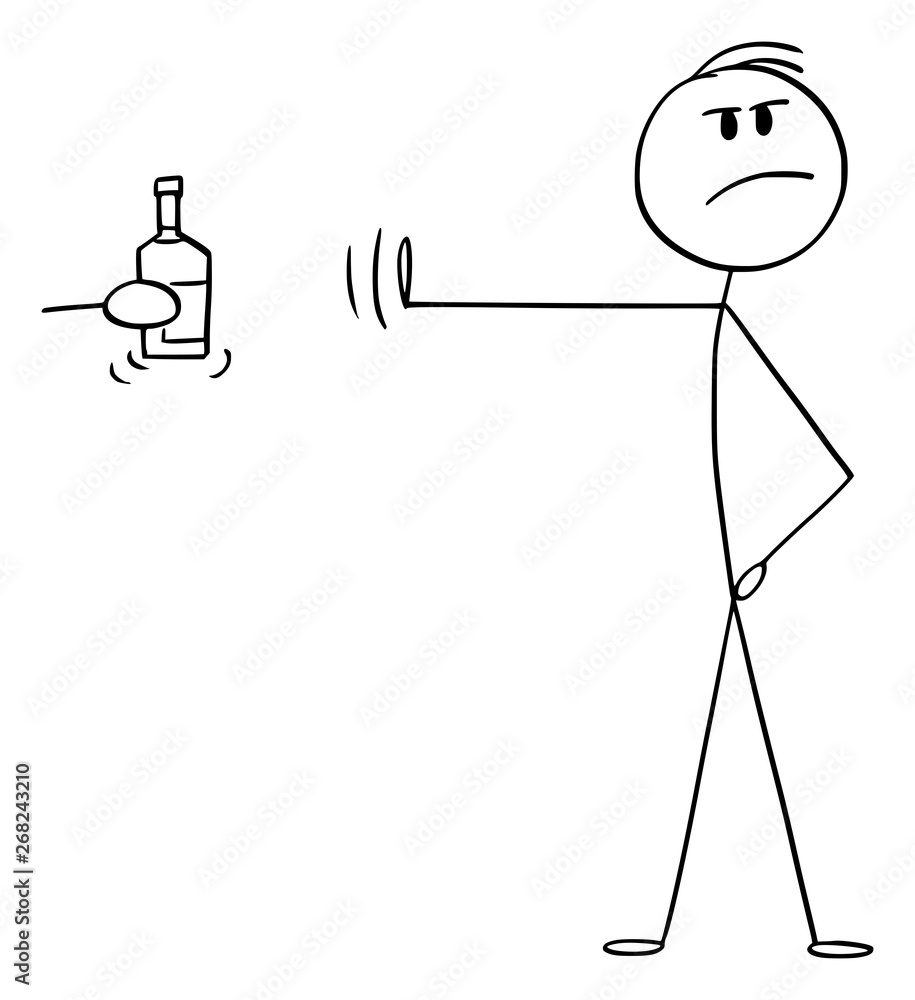 Vector cartoon stick figure drawing conceptual illustration of principled  or high-principled man rejecting bottle of alcohol or hard liquor with hand  gesture and pose. Stock Vector