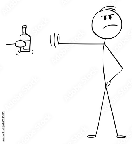 Vector cartoon stick figure drawing conceptual illustration of principled or high-principled man rejecting bottle of alcohol or hard liquor with hand gesture and pose.
