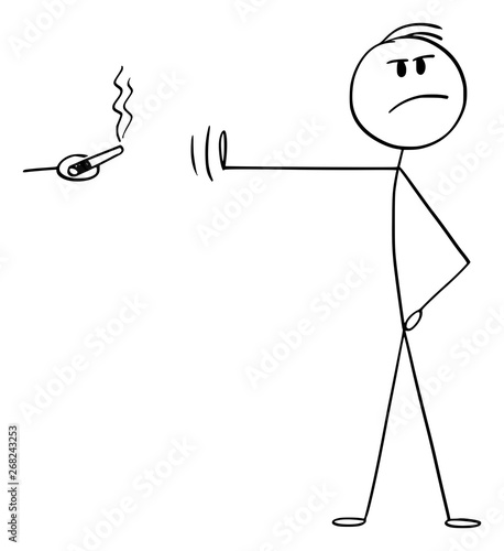 Vector cartoon stick figure drawing conceptual illustration of principled or high-principled man rejecting smoking cigar or cigarette with hand gesture and pose.