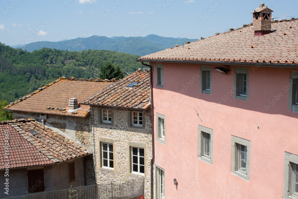 View of homes in the historic village of Benabbio in the Province of Lucca, Tuscany, Italy