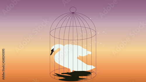 White swan into the bird cage vector illustration