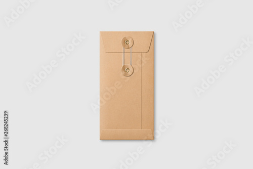 Kraft Paper DL size String and Washer Envelope Mockup on light grey background. High resolution. photo