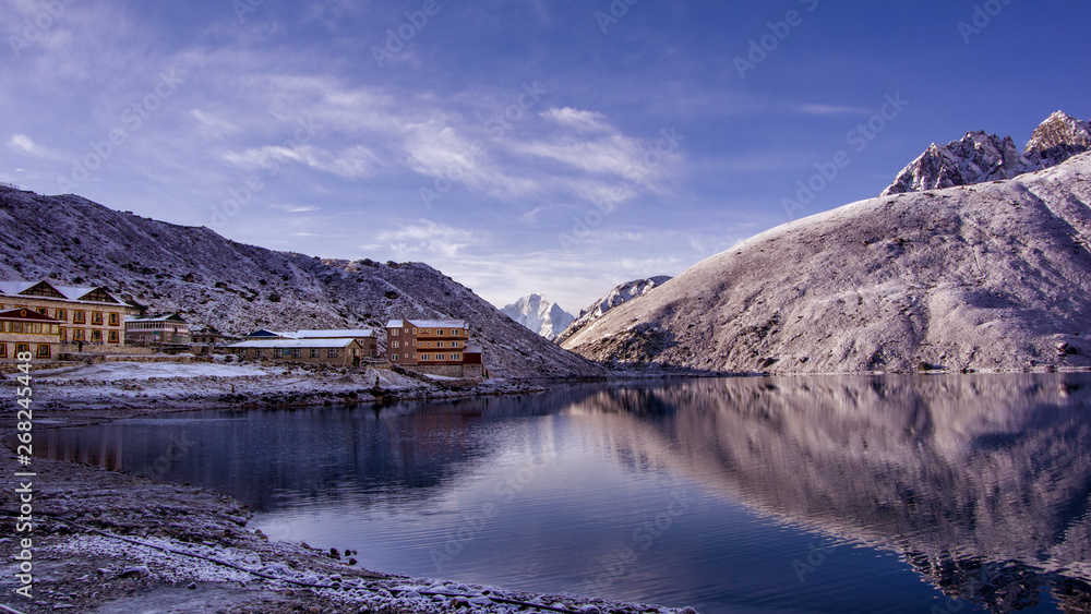 Naklejka premium Landscape view of Gokyo village and Dudh Pokhari lake. .Sagarmatha (Everest) National Park, Nepal.