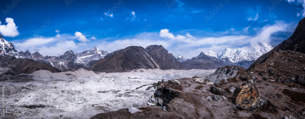 Landscape view of Gokyo area from Cho La Pass. Sagarmatha (Everest) National Park, Nepal.