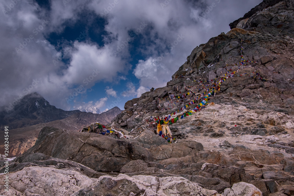 Landscape view of Cho La Pass with many Buddhist flags..Sagarmatha (Everest) National Park, Nepal.