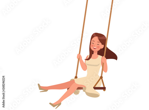 Happy girl playing swing on white background character vector design.