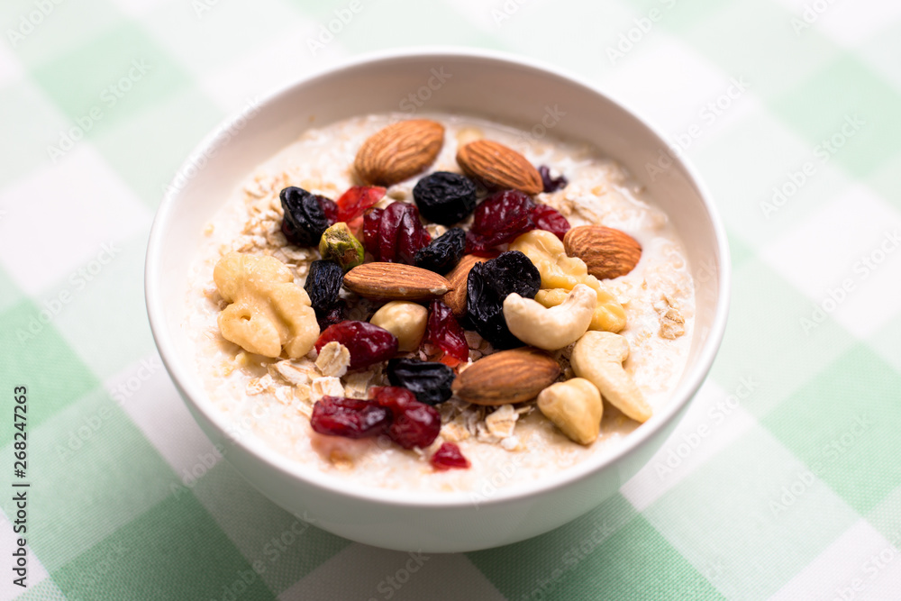 Healthy breakfast fresh granola muesli with milk and nuts Healthy breakfast fresh granola muesli with milk and nuts