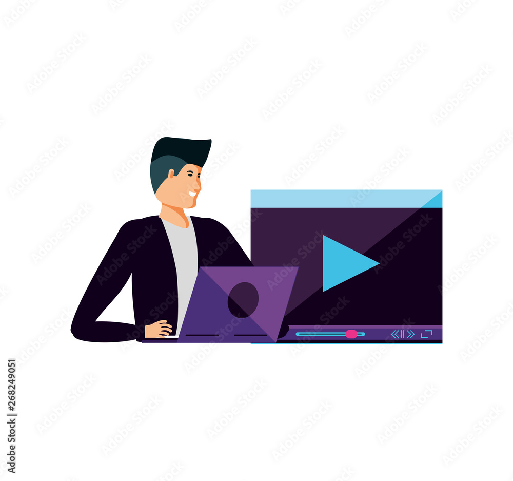young man using laptop and media player template
