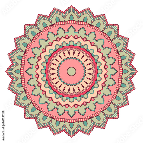 Decorative colorful ethnic mandala pattern. Design element for greeting card, banner or poster in oriental style. Hand drawn illustration