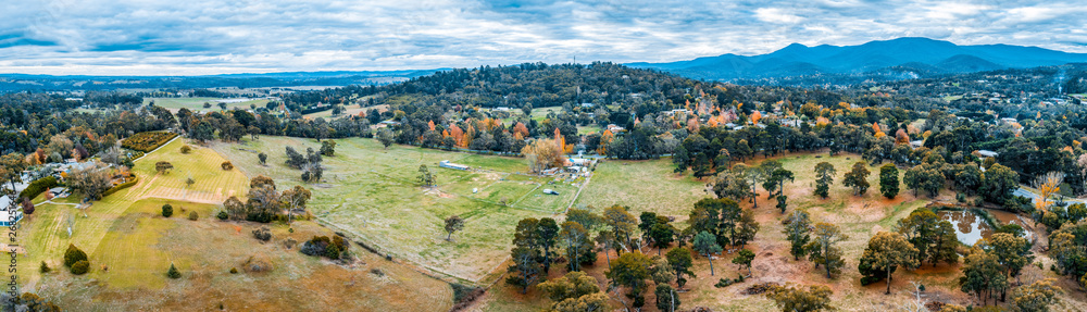 Aerial panoramic landscape of scenic countryside and mountains in Australia in autumn