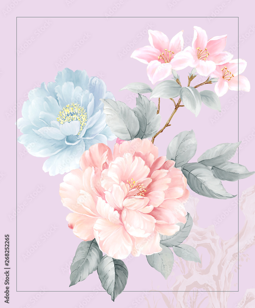 Watercolor illustration of a bouquet with a purple and delicate pink rose, leaves and bud, greeting card Watercolor illustration of a bouquet with a purple and delicate pink rose, leaves and bud, greeting card