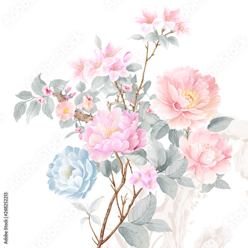 Watercolor illustration of a bouquet with a purple and delicate pink rose, leaves and bud, greeting card 