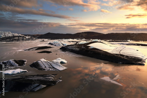 Beautiful scenery during sunset of Svinafellsjokull Glacier in Vatnajokull National Park in Iceland. Travel and natural Concept.. photo